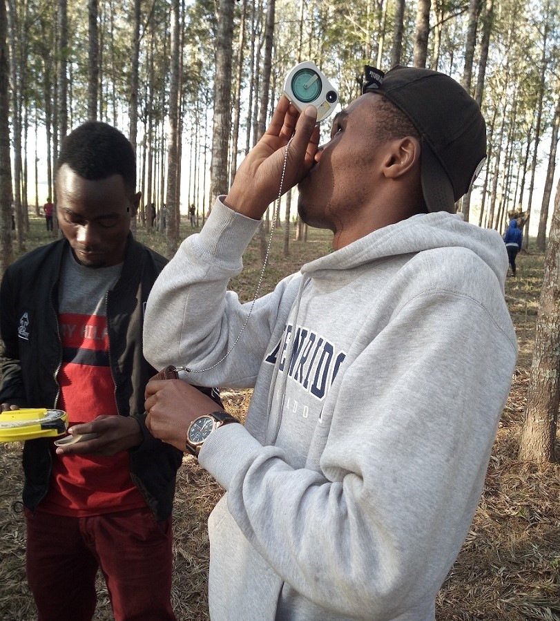 Student measuring tree height by using Hypsometer